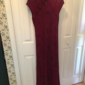 Full Length Burgundy Sheer Gown with Mandarin Collar, Side Slits